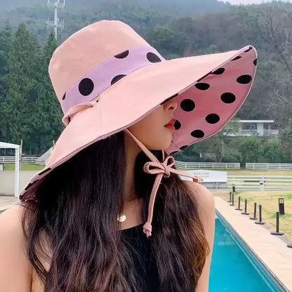 1pc Polka Dot Ribbonbucket Hat for Women, Large Wide Brim Summer Sun Hat,  Breathable Sunscreen Visor Cap for Beach, Sun,  Travel