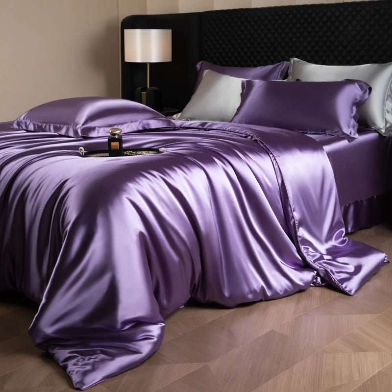 Silk Bed Sheets Set,   Luxury Bedding Set with Duvet Cover,  Fitted/Flat Bedsheet,  Pillowcases, Mixed with Rayon, King /Queen/ Full T/win