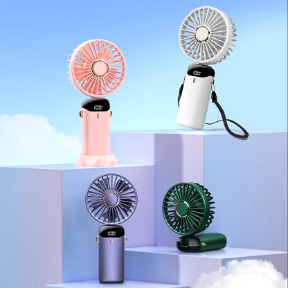 USB,  Handheld Mini Fan,  Foldable,  Portable Neck Hanging Fan,  5- Speed, Rechargeable Fan with Phone Stand and Display Screen.   WHITE is the only color available for sure.