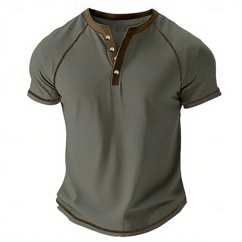 Retro Men's Button-Down T-Shirt  (HENLEY-STYLE), Minimalist Print T-Shirt,  Loose-Fit,  Casual Summer Shirt,  Stylish Streetwear Men.