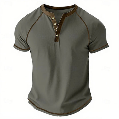 Retro Men's Button-Down T-Shirt  (HENLEY-STYLE), Minimalist Print T-Shirt,  Loose-Fit,  Casual Summer Shirt,  Stylish Streetwear Men.