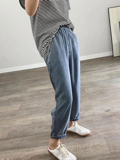 Summer Plus Size Jeans  for Woman/Girls.   Casual,  Loose,  Baggy, Denim Harem Pants with Elastic Waist,  Thin Cotton Jeans Ankle-Length
