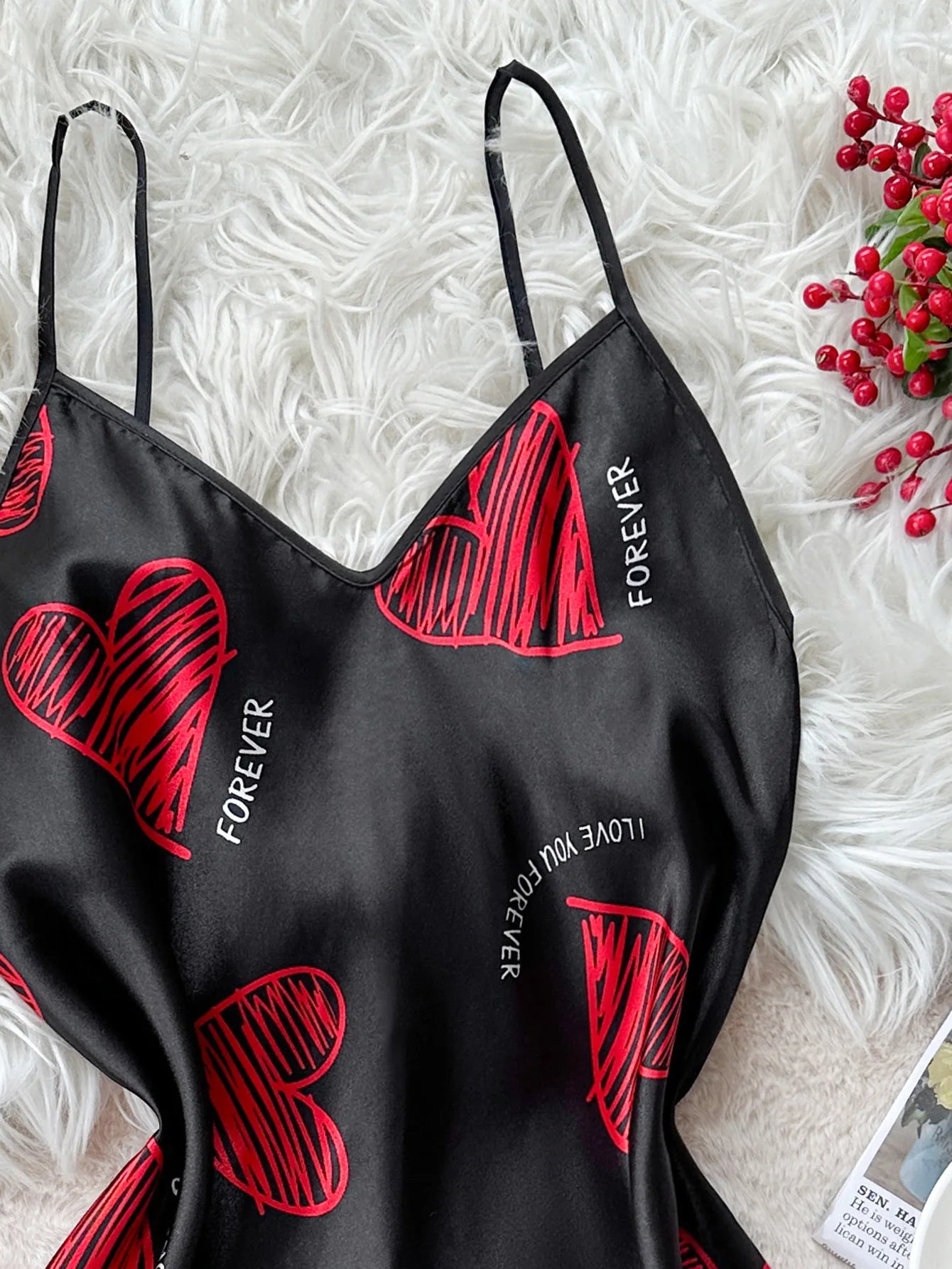 Valentine's Day Red Lip Print/ Satin Slip Nightdress, V -Neck Backless Mini Sleep Dress  Women's Sleepwear Dresses