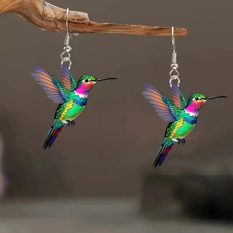 Acrylic Hummingbird Earrings For Women.  Retro Style Colorful Bird Drop Earrings.