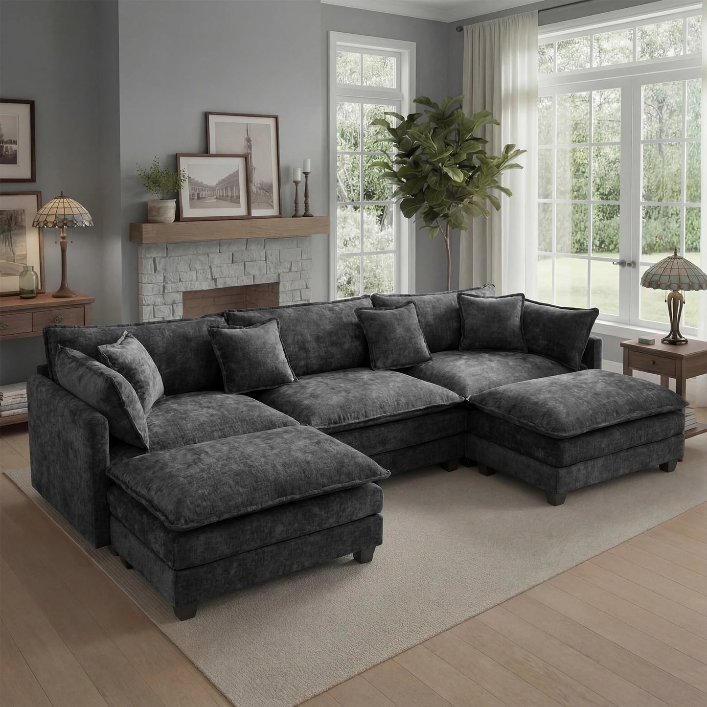 113.4" Modular Sectional Sofa with Ottoman, Comfy Cloud Couch with Deep Seat (23.6" D), Solid Wood Frame, for Living Room
